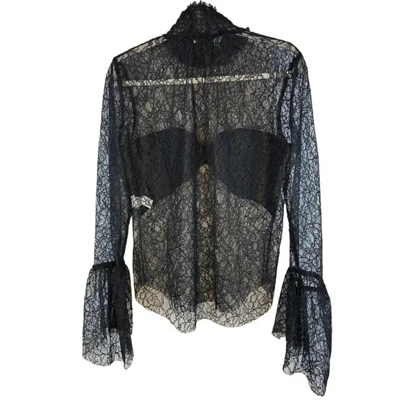 ZARA Black Lace Bohemian Sheer Long Sleeve Top Size Extra Large - Picture 3 of 4